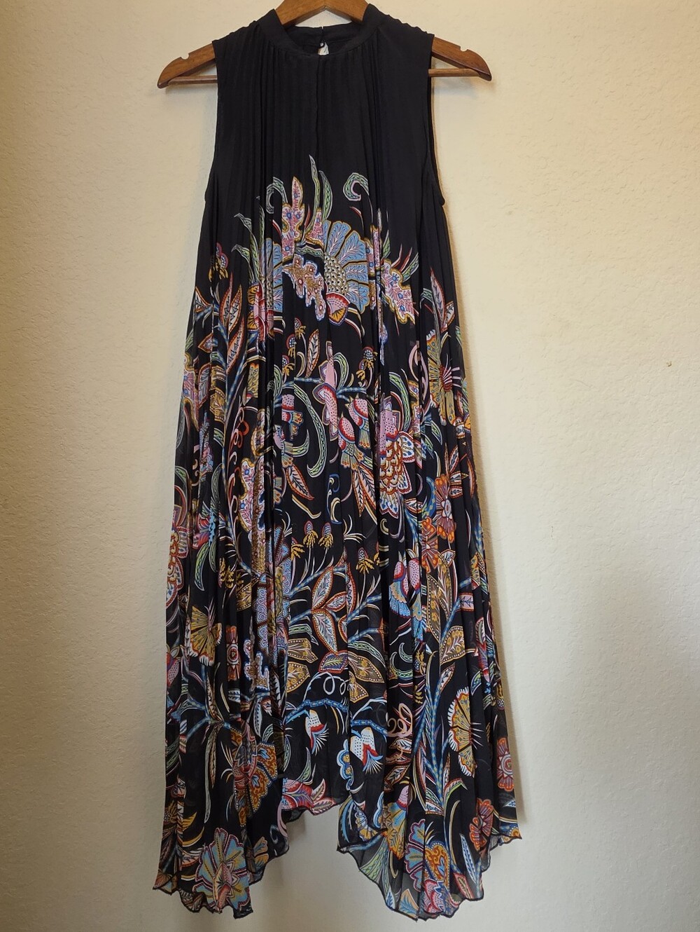 Anthropologie Flowy Maxi Dress Women XS Black Multicolor Floral Asymmetrical Hem